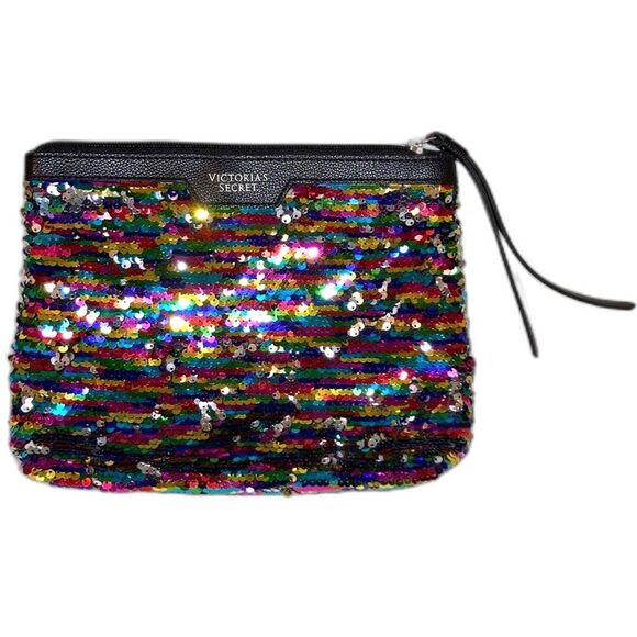 VICTORIAS SECRET Makeup Cosmetic Stripe Sequin Clutch Bag Rainbow 10 x 7.5 x 2 " - Picture 1 of 10